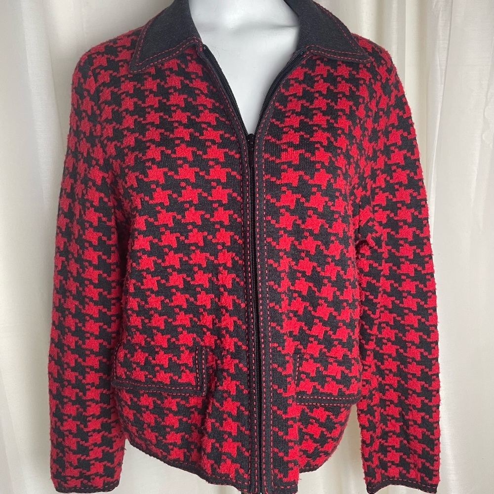 Pendleton Red and Black Houndstooth Zip Cardigan
